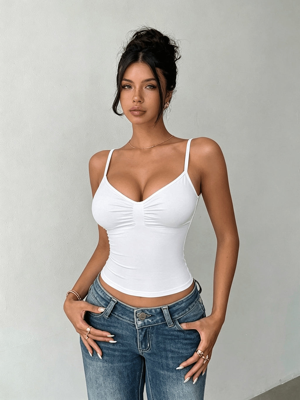 Women's Solid Color Pleated Slim Fit Casual Camisole Tank Top - White