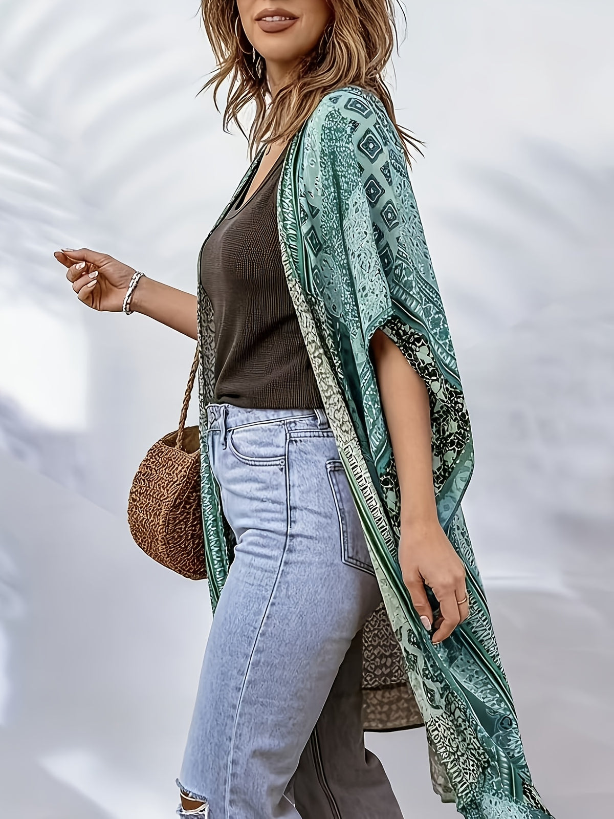 Women's Bohemian Casual Elegant Beach Vacation Summer Thin Long Sleeve Jacket - Emerald Green
