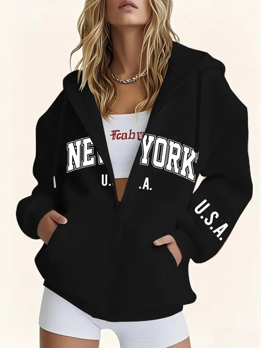 American Casual Style Women's Sweatshirt with Letter Print, Casual Zip-Up Hoodie in Loose Fit, Suitable for Autumn & Winter Wear - Black