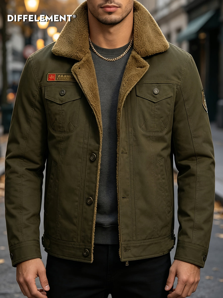 Men's Large Lapel Denim Work Jacket, Thickened for Locking in Heat and Cold Resistance, Wear-Resistant Washed Twill Workwear Fabric, Slim Fit Vintage Biker Style, Autumn/Winter Streetwear Commuter Biker Outfit, Full Lining, Chest Flap Patch Pocket - Olive Green
