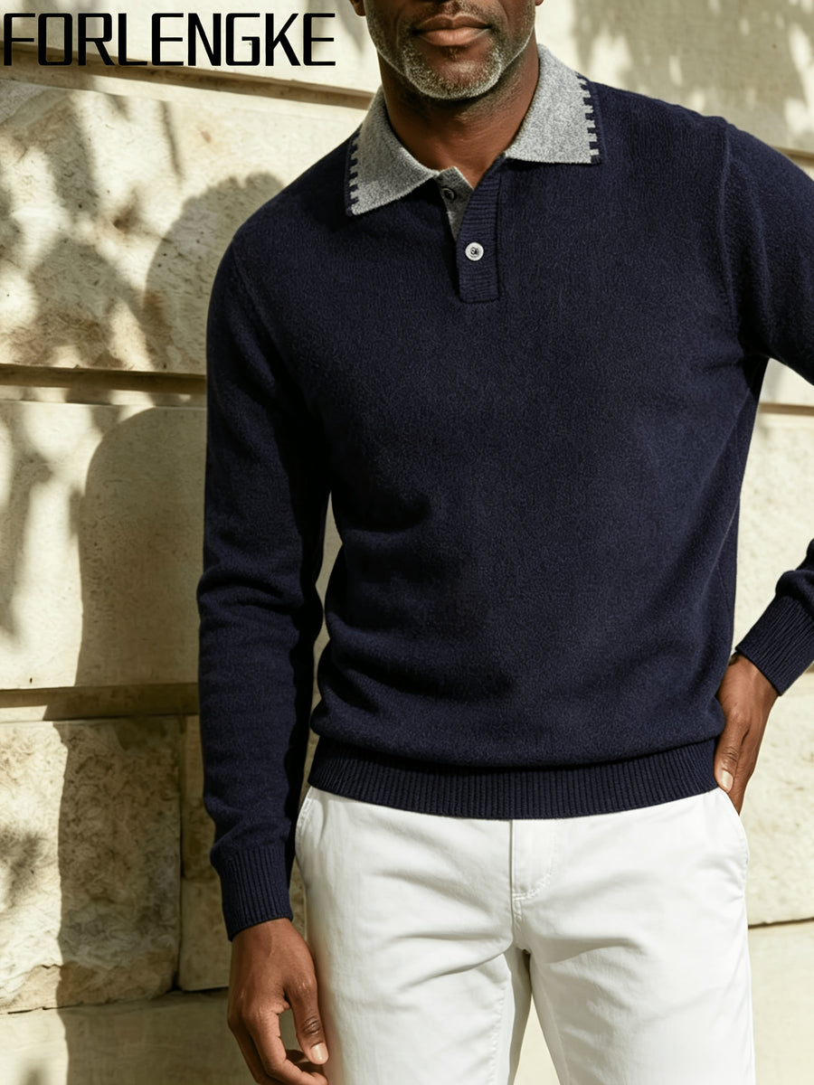 FORLENGKE Fall/Winter Men's Color-Block Collar Polo Knit Sweater with Textured Fabric, Turn- Collar Pullover Top, Casual and Versatile Knitwear for Men, Suitable for Work, Parties, and Various Occasions, Can Be Worn Inside or Out, Basic Top - Shangqing