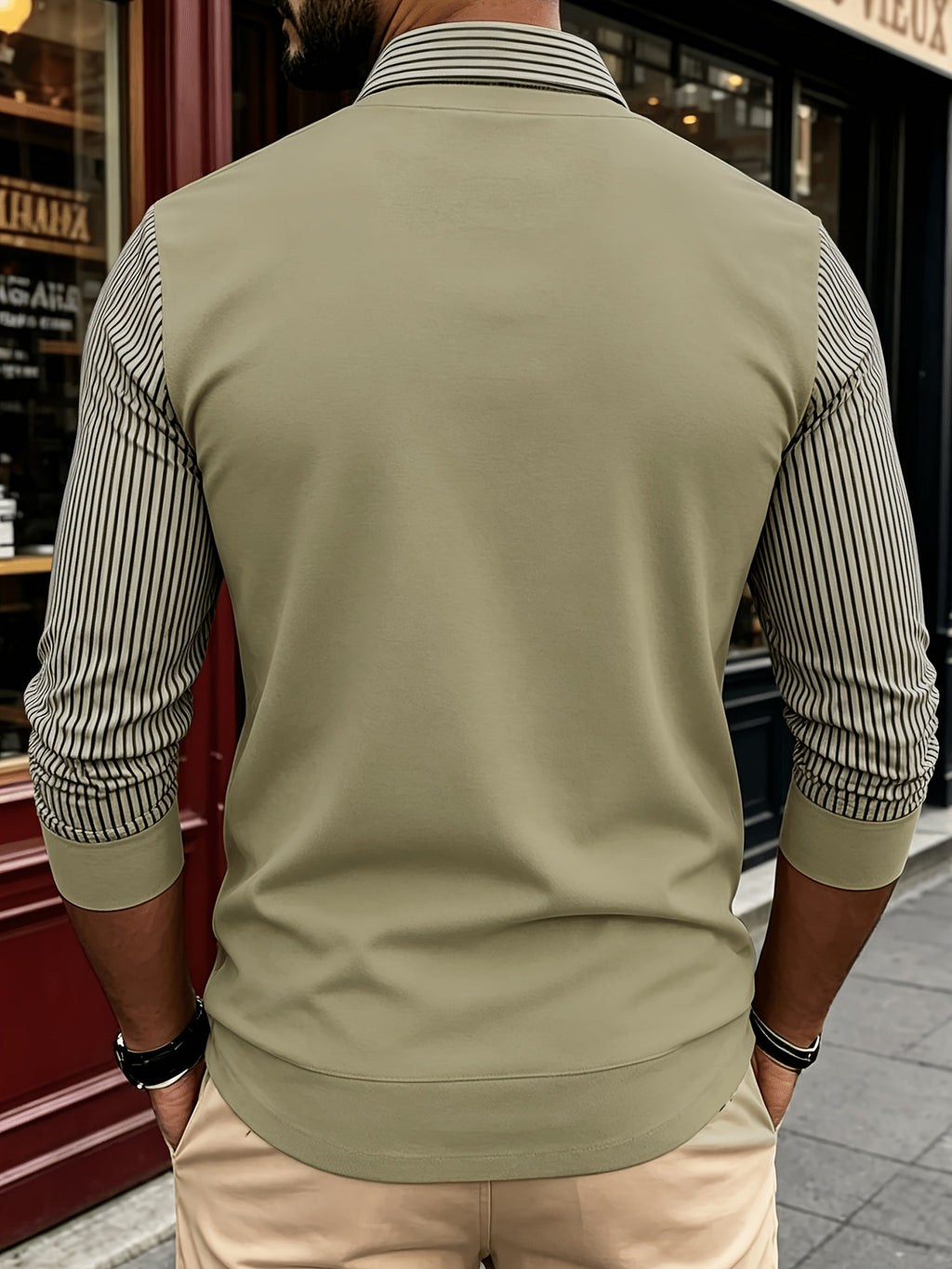 Men's New All-Season Knitwear Classic Lapel Long Sleeve 2-in-1 Look Polo Shirt, Featuring a Stylish and Minimalist Geometric Print Stripe Design, with a Color-blocked Collar and Layered Shirt Style. Made from Lightweight, Breathable - PS Khaki