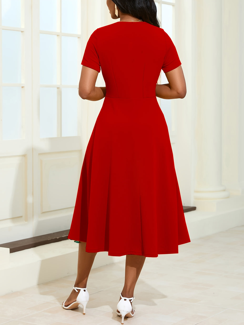 Vintage Women'S Red Black Polka Dot Patchwork Dress, Double-Breasted Short Sleeve Flared Midi Skirt, Suitable for Commuting, Dates, Banquets, Daily Outings, Parties, And Gathering Dresses - Red