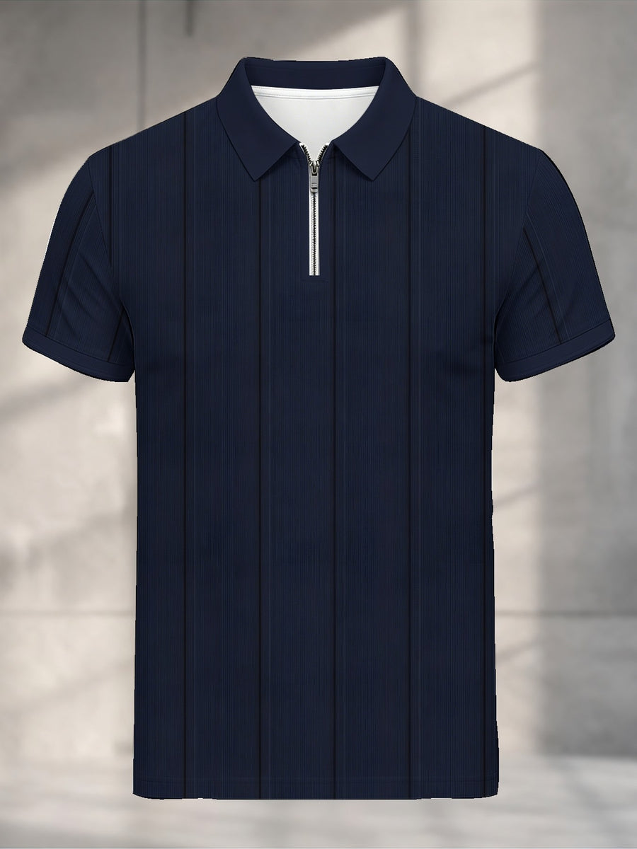Men's Short Sleeve Zip Polo Shirt with Navy Vertical Stripe & Zip Placket Collar - Breathable Polyester, Machine Washable Suitable for Daily Commute, Weekend Wear, Spring Summer Casual Wear, Polo Collar Shirt for Office to Weekend Outfits - Mixed colors