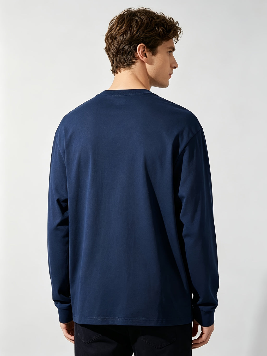 [Villa Joy Water OBM] Men'S Long Sleeve T-Shirt 1pc 100% Pure Round Neck Base Layer Spring Autumn Loose Casual Solid Color Top Skin-Friendly Breathable Sweat-Absorbent Durable Non-Deforming Daily Commute Outdoor All-Match Long Sleeve T-Shirt Can Be - 1Pcs Navy