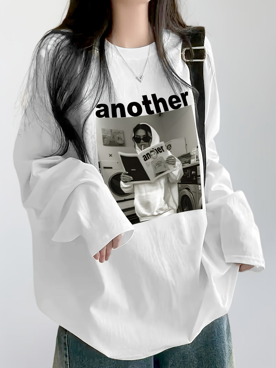 Spring and Autumn Casual Versatile Fashion Printed Midi Round Neck Long Sleeve T-Shirt Women's Loose Top BAO - White