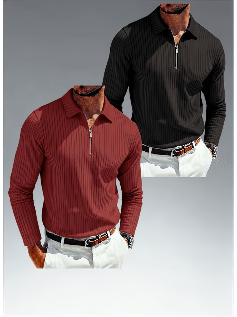 Spring/Autumn Men's Polo Shirt with Zipper and Striped Pattern, Long Sleeve, 2pcs - Brown+Black