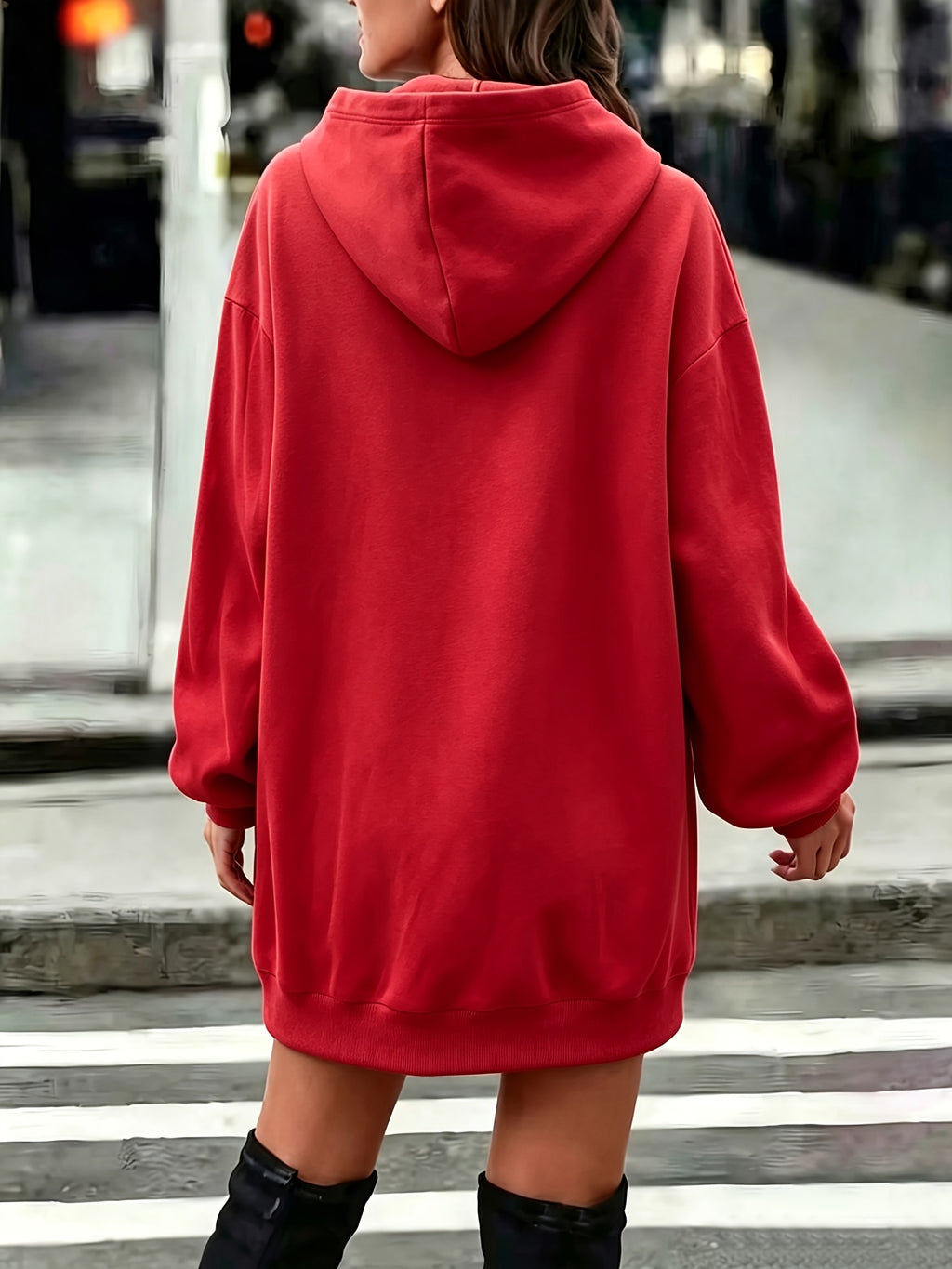 Long Printed Hooded Sweatshirt Dress Women'S Autumn Winter Thickened Fleece Top Women'S Versatile Loose Casual Long Sleeve Hoodie - Red