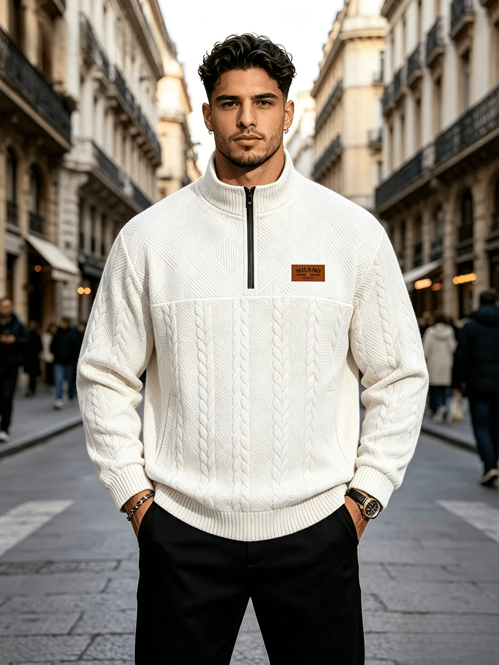 Whale Crossing OBM Men's Spring, Autumn, Winter Classic Fashion Italian Milanese Label Knitted Cable Knit Stand Collar Sweatshirt - White