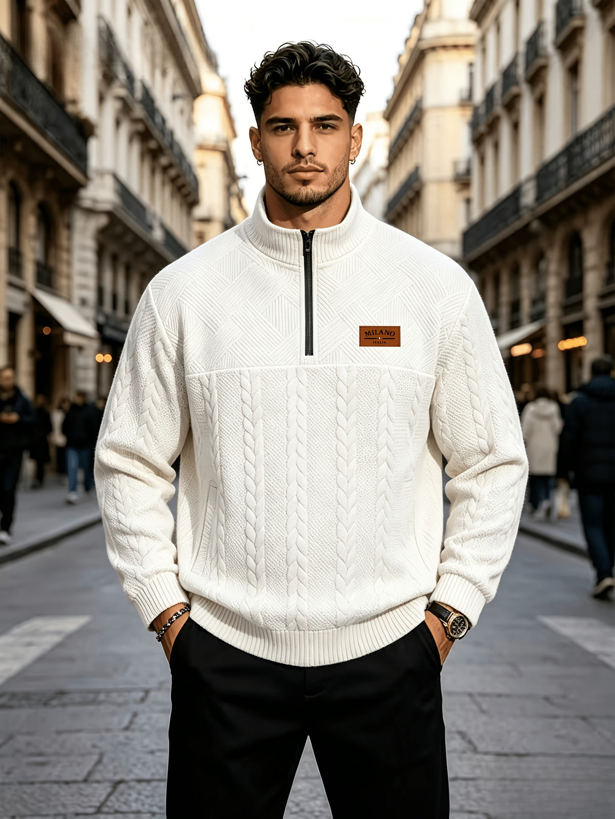 Whale Crossing OBM Men's Spring, Autumn, Winter Classic Fashion Italian Milanese Label Knitted Cable Knit Stand Collar Sweatshirt - White