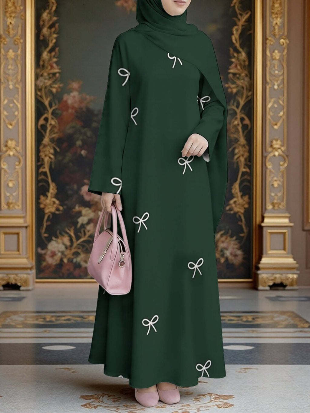 Muslim Women's Dress, Loose Fit Traditional Middle Eastern Thobe, Straight Cut Long Sleeve Elegant Muslim Long Dress, Long Abaya, Simple White Bow Decorative Pattern Print Dress, Headscarf Not Included - Mixed colors