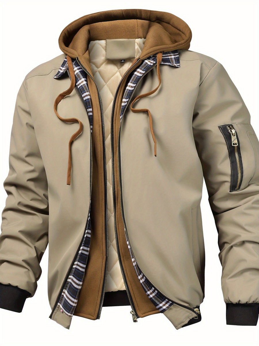 Men's Solid Color Hooded Air Force One Jacket - Loose Fit Zippered Coat with Full-Length Zipper Front, Full-Liner for Spring/Autumn/Winter, Casual Outerwear (No Belt Required) - Khaki