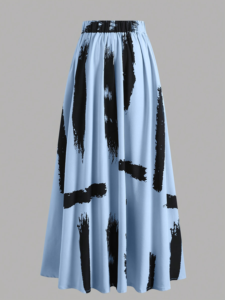 Women's Casual Loose-fit Skirt with a Unique Design, Versatile and Featuring Distinctive Ink Wash Prints for a High-end, Look - Blue