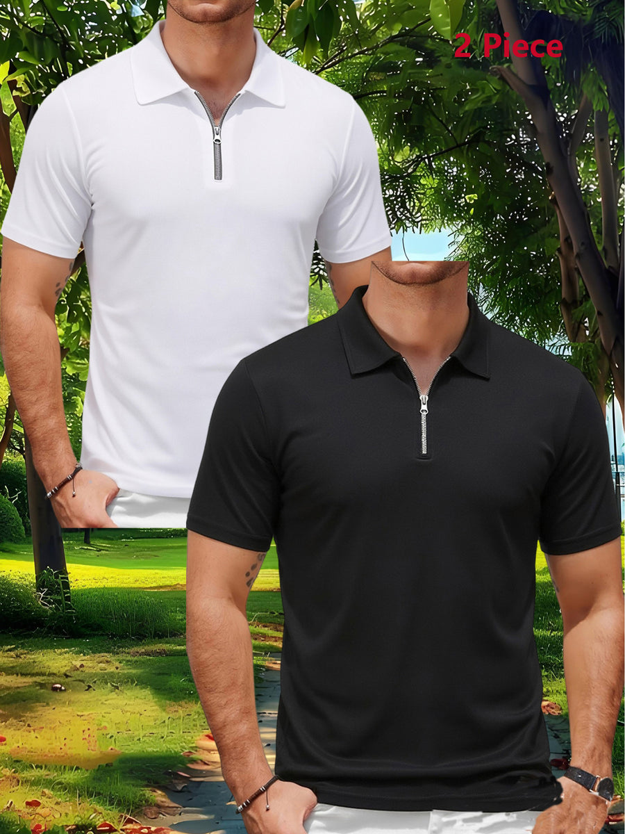 2pcs Men'S Sports Outdoor Casual Lapel Solid Color Breathable Zipper POLO Shirt - White+black