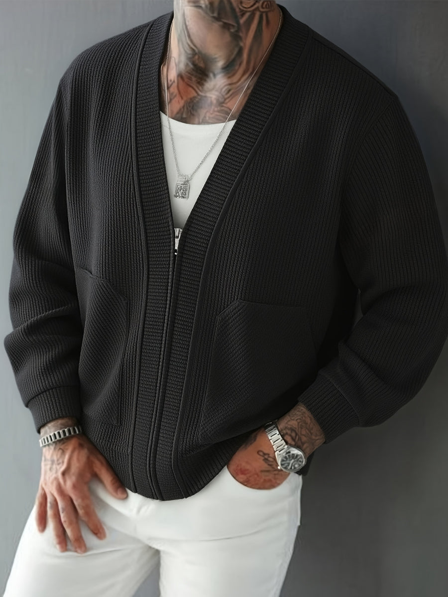 Spring/Autumn New Men's Solid Color V-Neck Zipper Knit Cardigan Jacket, Versatile Top for Commuting, Daily Wear, and Casual Occasions, Simple, Loose-Fitting, Skin-Friendly, and Soft, Couple's Knit Outerwear - Black