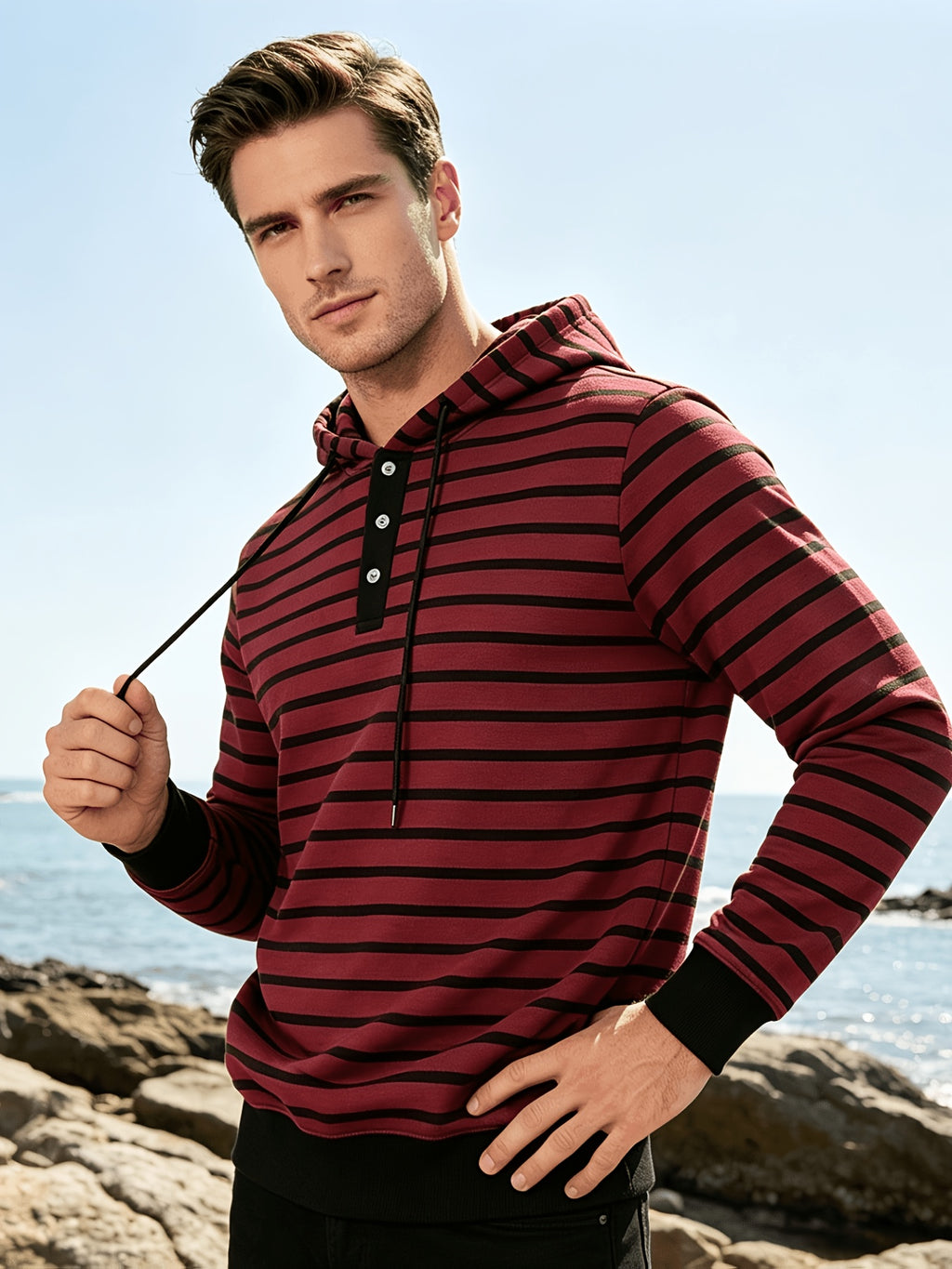 Autumn/Winter 2026 New Arrival Men's Casual Loose Striped Minimalist Trendy Color-Block Henry Hooded Sweatshirt - Red