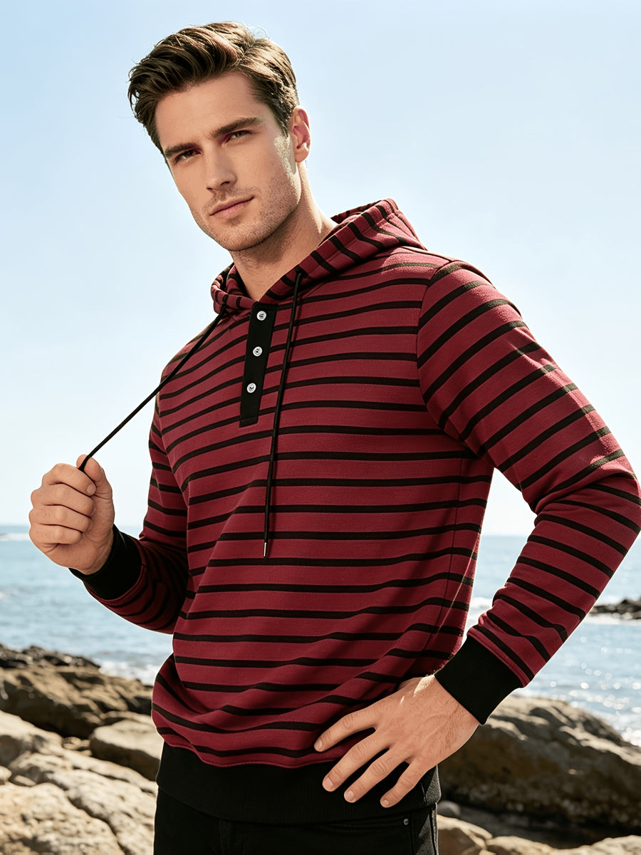 Autumn/Winter 2026 New Arrival Men's Casual Loose Striped Minimalist Trendy Color-Block Henry Hooded Sweatshirt - Red