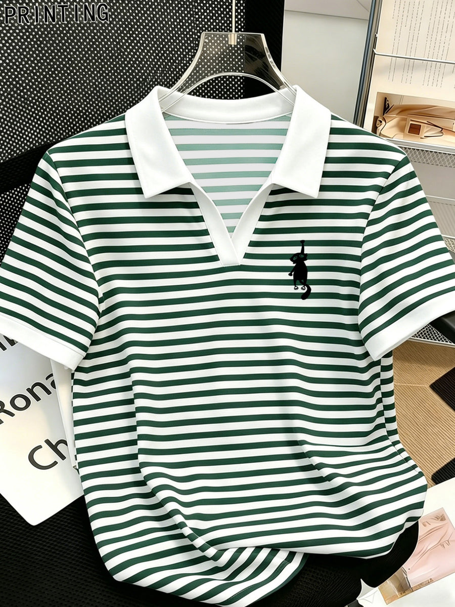 New Summer V-Neck Lapel Striped Polo Shirt for Women, Regular Shoulder Fit, Classic Striped Design, Short Sleeves with Cute and Playful Cat Graphic Print, Versatile Top for Casual Daily Wear and Commuting - Dark Green