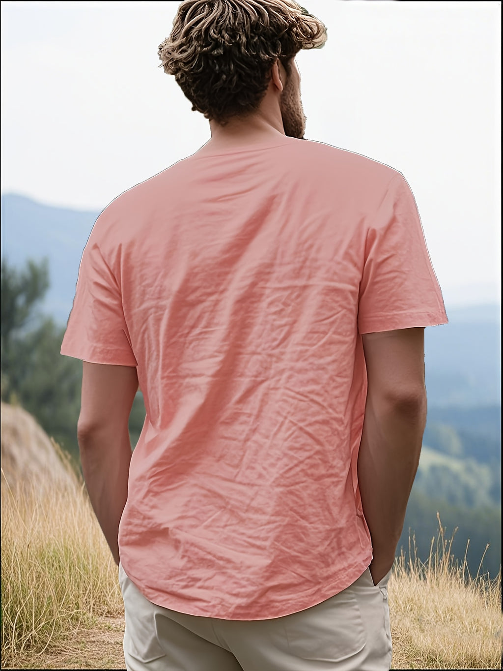 Men's Casual T-Shirt, Versatile Summer Short-Sleeve Top, Fashionable Solid Color Sweatshirt, Crew Neck with Drawstring Design - Lightweight and Breathable, Machine Washable, Suitable for Daily Wear and Outdoor Leisure - Pink