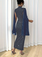 Women's Elegant Slim-Fit Shining Patchwork Dress with Starry Sky Print & Slit Sleeves - Mid-Length Pencil Dress, Stand Collar, Machine Washable for Weddings, Parties, Business Events - Year-Round Wear - Royal Blue
