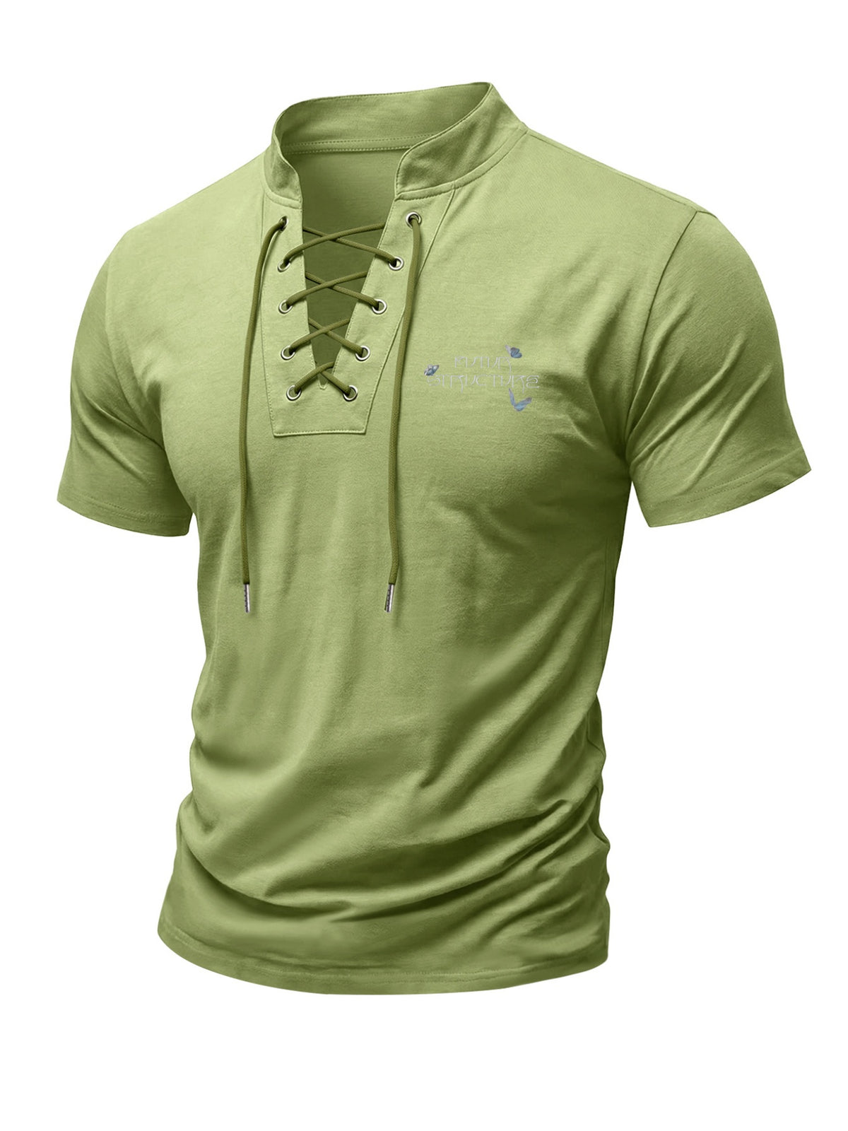 Men's Henley Neck Tie-Short Sleeve T-Shirt with Flying Bird Print - Breathable Stand Collar Shirt, Tailored Fit Suitable for Summer, Casual & Wear, Machine Washable for Office, Semi-Formal Events, Minimalist Design - fern green