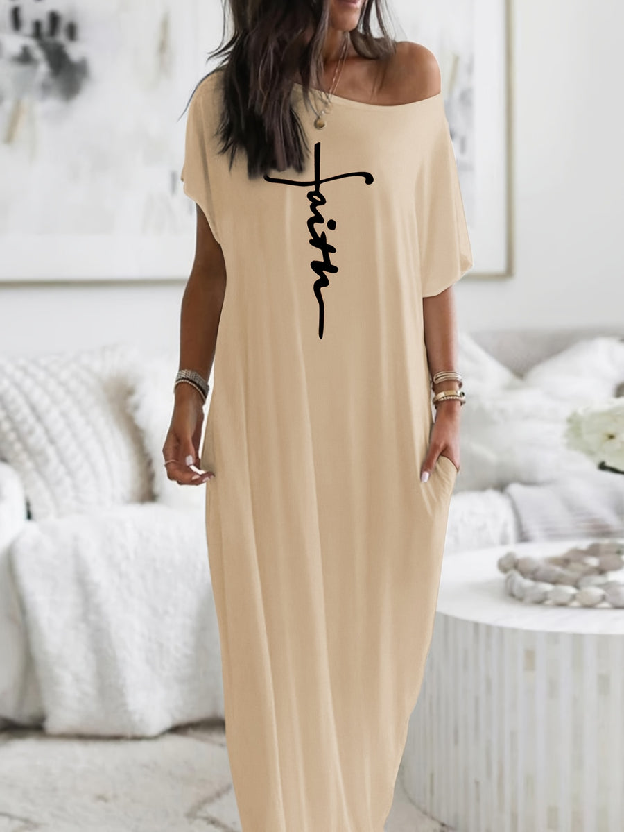 Faith Letter Off-The-Shoulder Pocket Dress Women'S Loose Casual Style Long T-Shirt Dress Features: Off-The-Shoulder Design Is Lazy And Casual, with a Easy And Eye-Catching "Faith" Letter Print on The Front; The Loose Long Style Hides Flaws And Slims - Apricot