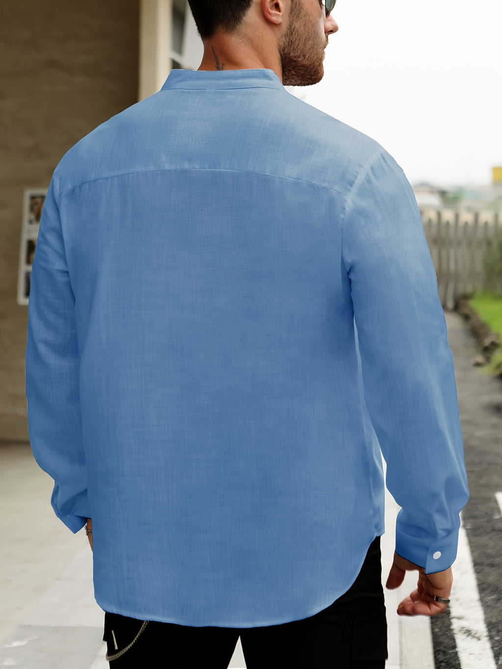 Men's Lightweight Thin Striped Stand Collar Half-Placket Solid Color Long Sleeve Shirt WISH Twill Loose Vintage Shirt - Vibrant Blue