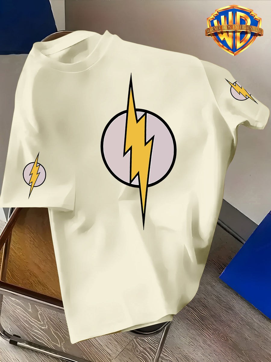 Warner Bros. Official Licensed DC Co-Branded The Flash Themed Printed T-Shirt, American Vintage Streetwear Washed Distressed Texture, Loose Fit Versatile Style, Suitable for Daily Outings and Outdoor Wear, Durable and Resistant to Deformation - Apricot