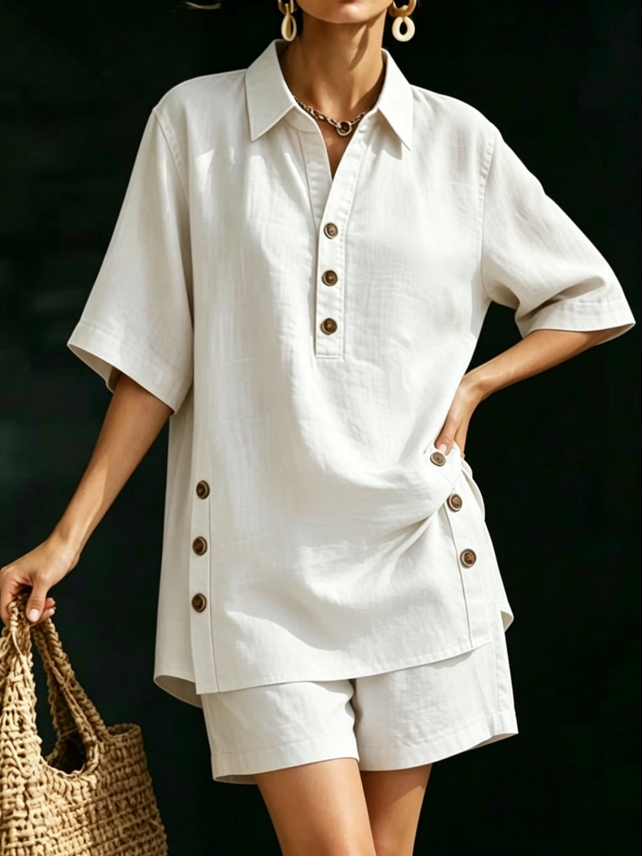 WY260406061) Women's Comfortable Loose-Fit Button-Up Shirt and Shorts Linen 2pcs Set - White