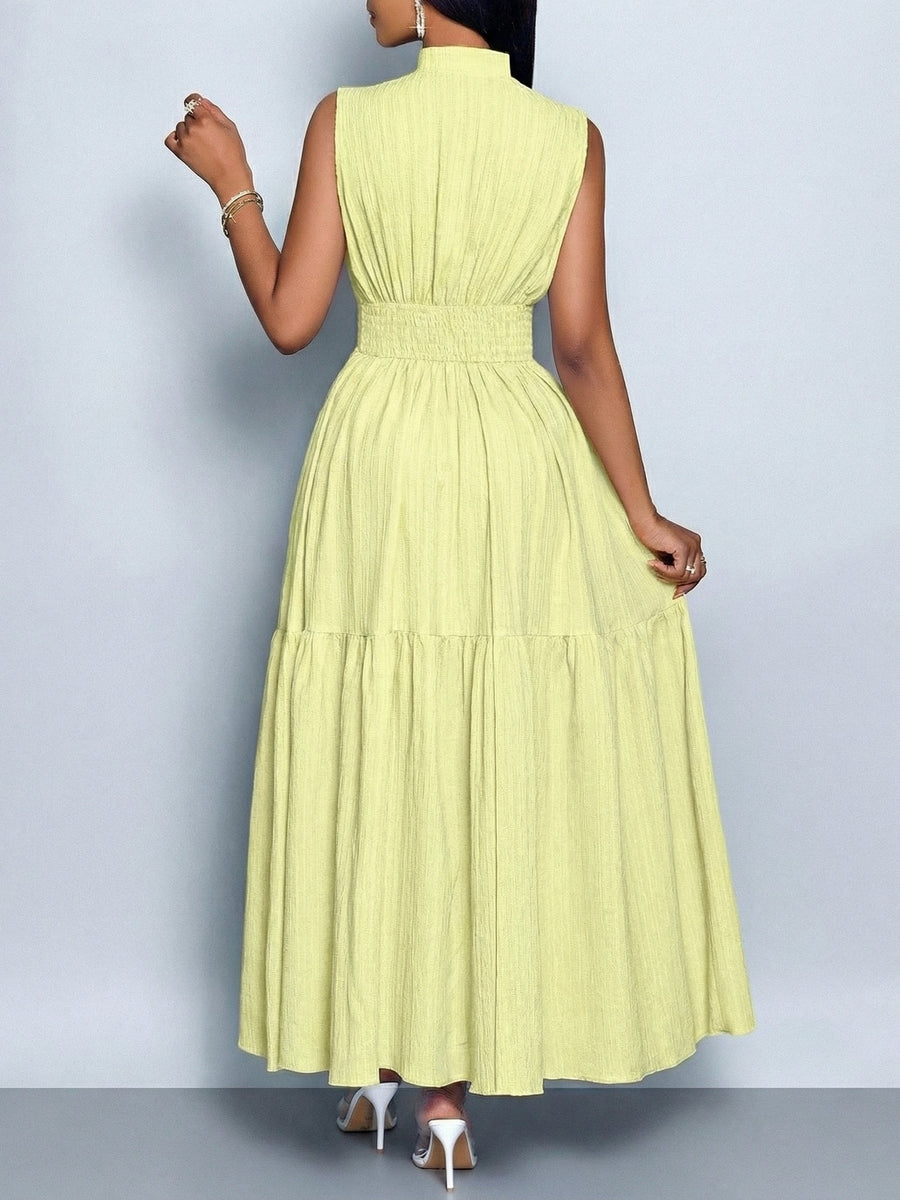 Elegant and Fashionable Women's Solid Color Stand-up Collar Sleeveless Waist-cinching Tie-knot Dress with Front Cutout, Suitable for Casual, Fashionable, and Commuting Styles. Selected from the Industry's Elegant Series, Ideal for Parties and Work - Fluorescent Yellow