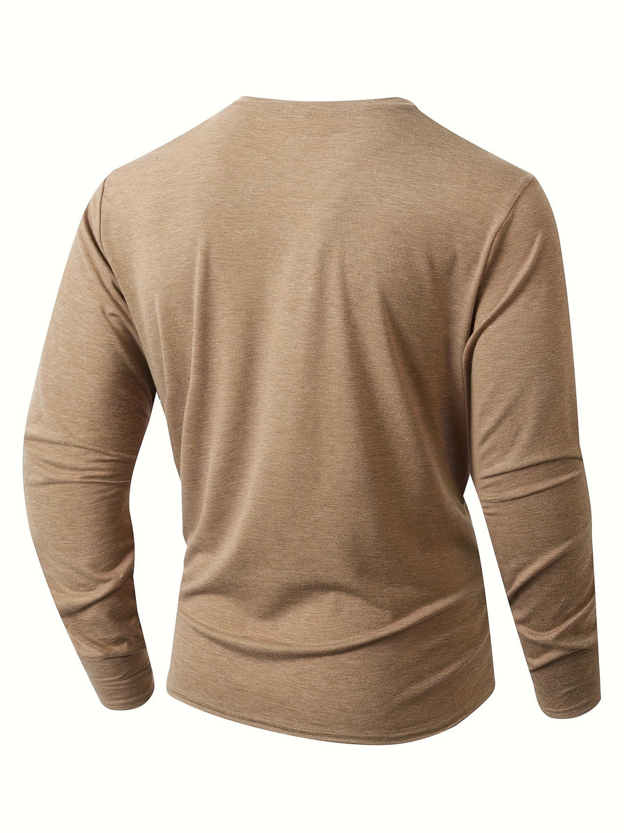 KJ-P026 Plus Size Men'S Summer Henley Long Sleeve Athletic Fitness Multicolor Base Layer T-Shirt - Khaki