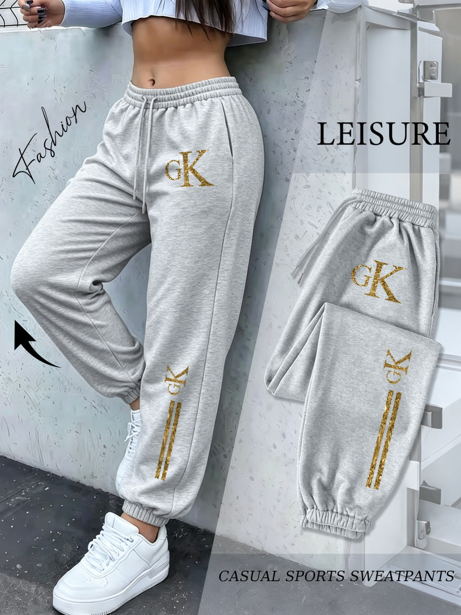 Women'S Drawstring Ankle-Cinching Sweatpants GK Letter Hot-Stamped Textured Striped Printed Casual Jogging Trousers - Light Grey