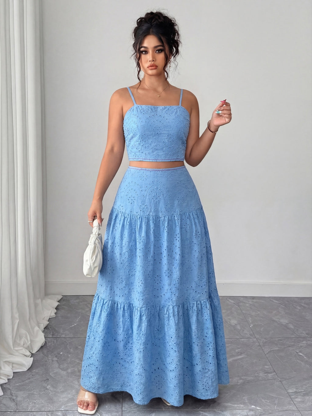 Two-Piece Embroidered Maxi Dress, Bohemian Style with Layered Ruffle Hem. Perfect for Dates, Vacations, Picnics, And Beach Outings. Comfortable And Versatile Women'S Dress - Sky Blue
