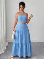 Two-Piece Embroidered Maxi Dress, Bohemian Style with Layered Ruffle Hem. Perfect for Dates, Vacations, Picnics, And Beach Outings. Comfortable And Versatile Women'S Dress - Sky Blue
