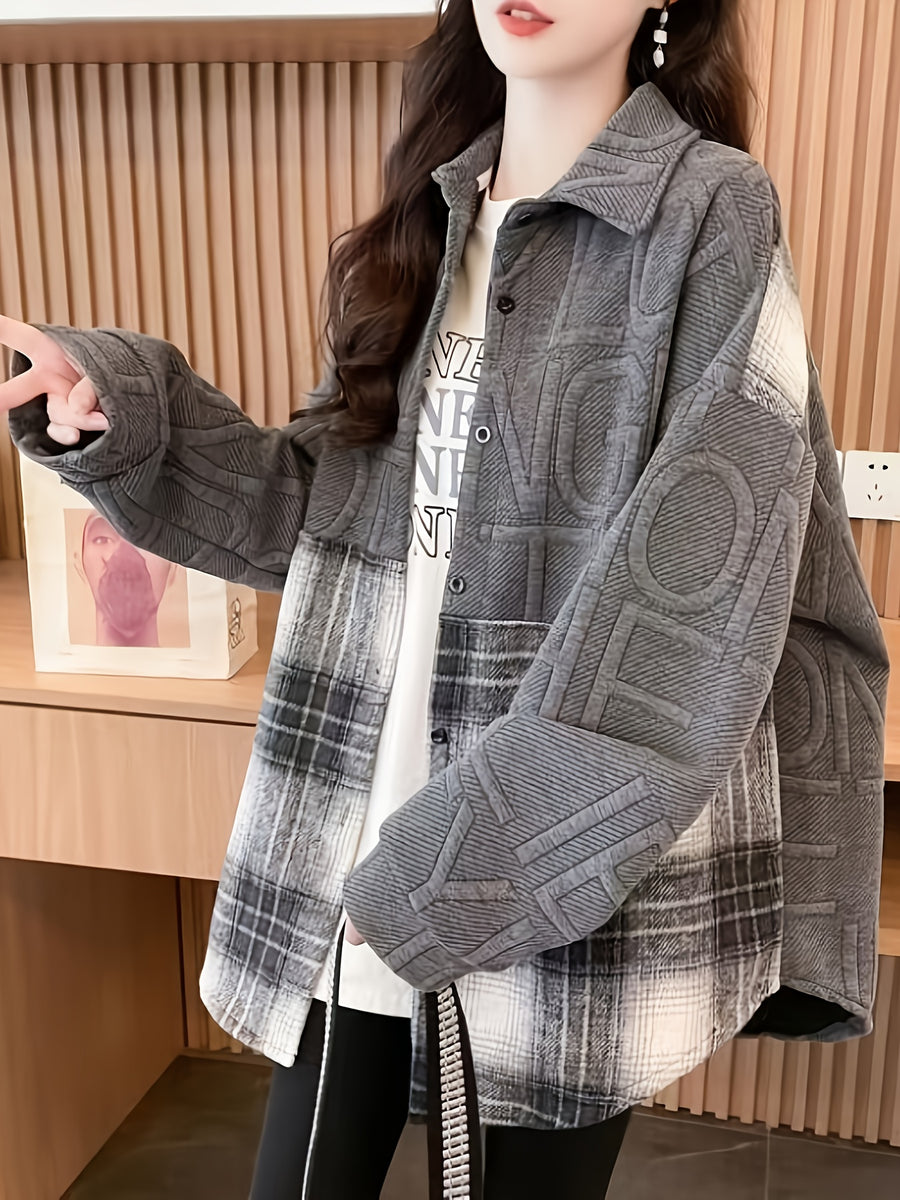 Loose And Jacquard Lazy Style Spliced Plaid Shirt, Loose Design Sense Sweatshirt Jacket, Niche Casual - Grey