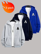 50%, 50% Polyester, 3pcs Men'S Patchwork Warm Fleece Zip-Up Hooded Sweatshirt, Men'S Clothing, Long Sleeve Fleece Jacket, Zip-Up Top, Hooded Sweatshirt, Pockets, Drawstring, Suitable for Outdoor, Casual, Back-To-School Season, Gift for Boyfriend - Light gray + navy + blue