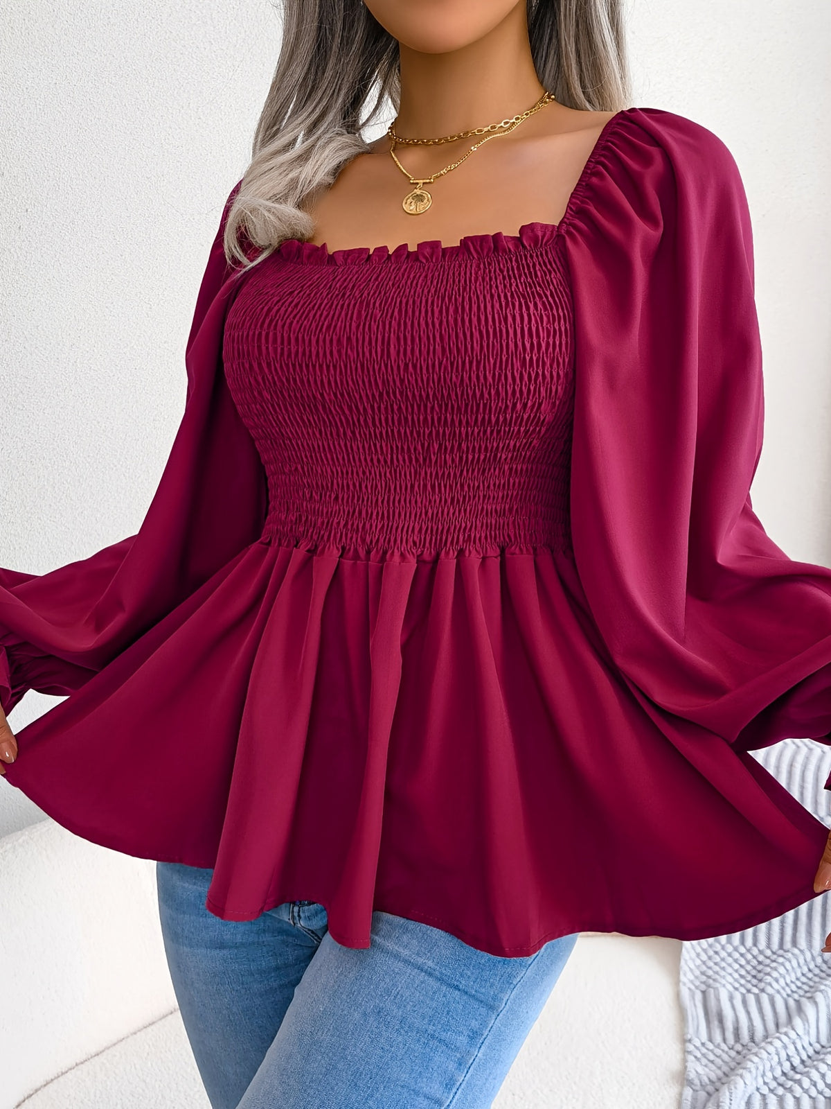 2023 Spring/Summer European and American Casual Solid Color Square Neck Flared Sleeve Ruffle Hem Chiffon Blouse - Burgundy