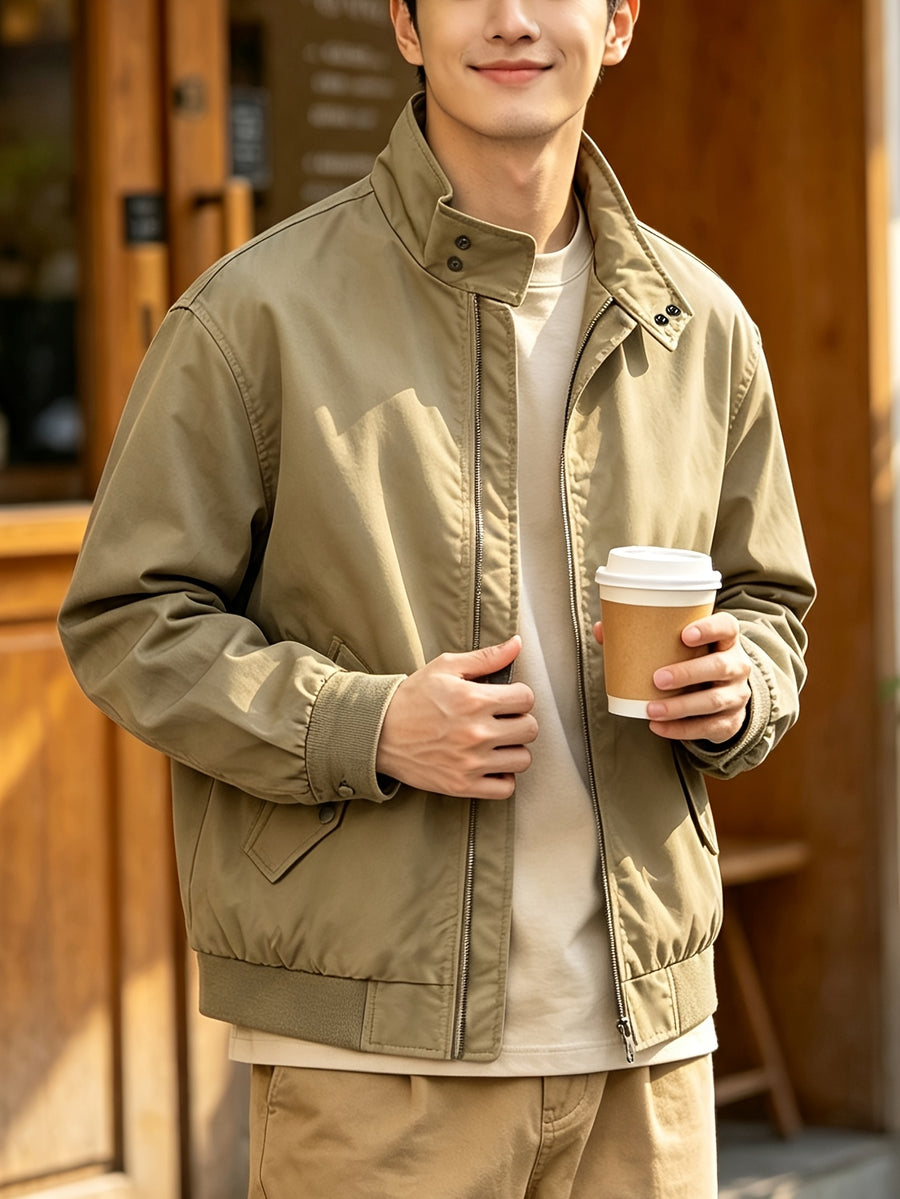 Men'S Spring Autumn Stand-Up Collar Casual Jacket, 100% Loose Fit, Ribbed Cuff Zippered Cardigan Coat, Solid Color Multi-Pocket Men'S Sporty Jacket, Suitable for Commuting, School, Daily Walking, Weekend Outings - Khaki