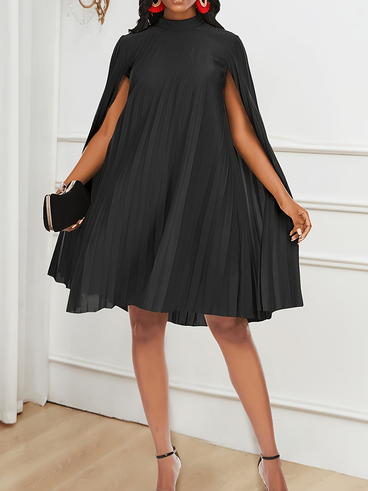 Elegant Ladies' Fashion Pleated Party Dress with Cape Sleeves Party Going-out - Black