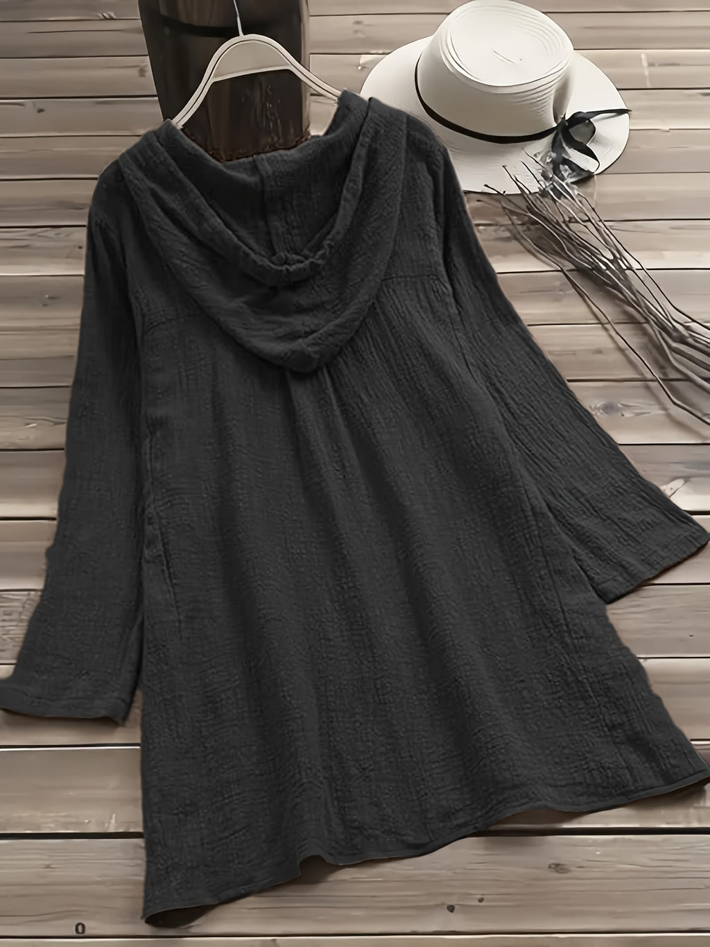 Women's Elegant Solid Color Full- Button- Shirt Jacket with Hood - Long Sleeve Blouse for Casual & Professional Wear, Machine Washable, All-Season Regular Fit Outerwear - Black