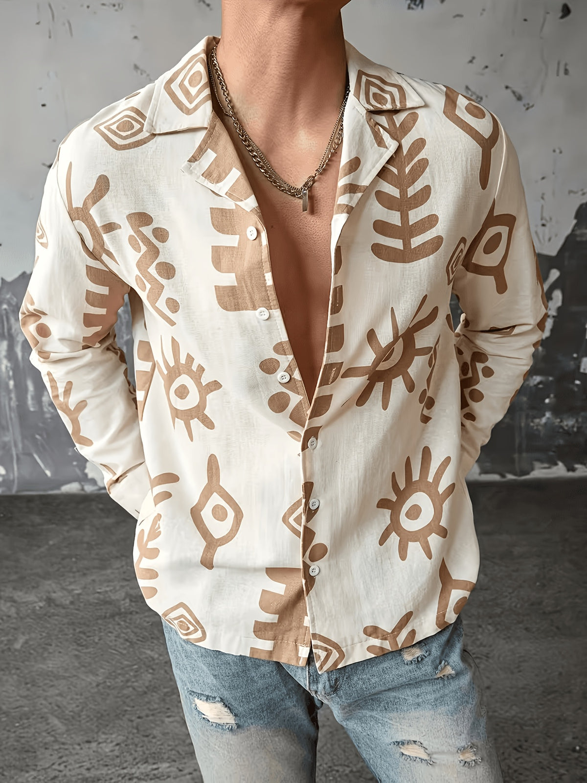 Casual Style Fashion Men'S Shirt, Print Long Sleeve Shirt, Comfortable Commute Top - Mixed Color 1