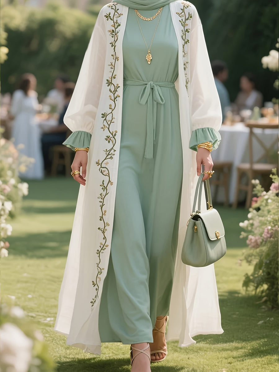 [Size for Regular Fit]Flower Printing Abaya Tie Up Maxi Dresses 2pcs Set-Green, Arab Clothing - Mint Green