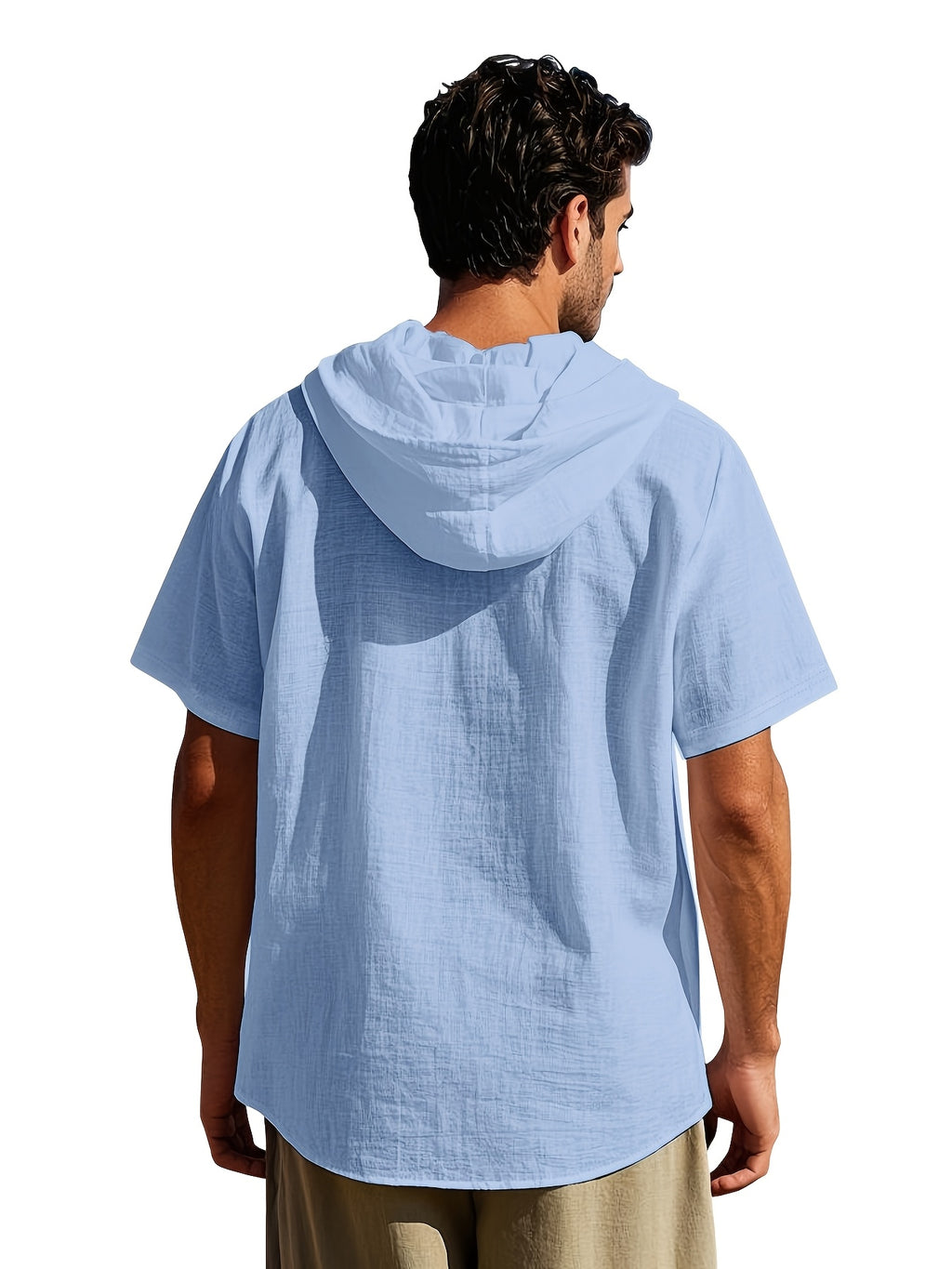 Men's 2pcs Short-Sleeve Hoodie Shirt, Regular Fit, Lightweight Open Cardigan, Vacation Casual Top - Navy Blue+Sky Blue