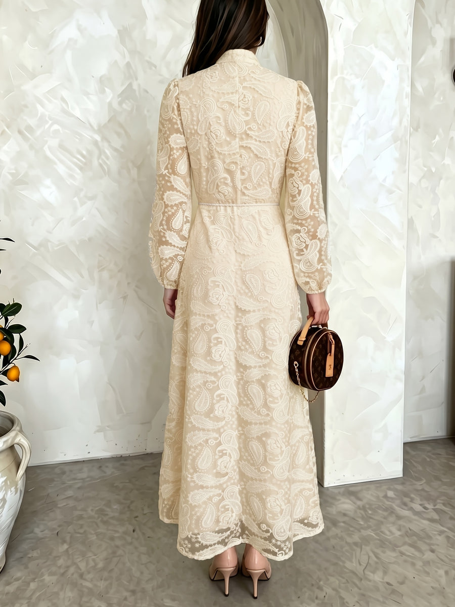 Elegant Stand-Collar Bridesmaid Gown for Women, Designed with Rows of Pearl Buttons, Hollow-Out Embroidery, And Long-Sleeve Cardigan Style, Cinched by a Vintage Waist Cord. Ideal for Daily Wear, Weddings, And Birthday Parties - Apricot