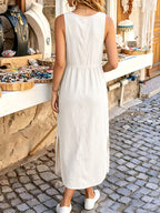 Sleeveless Casual Dress | Crew Neck, Solid Color, Split Detail, Fitted, Spring/Fall, Brand: Amnfuil - White