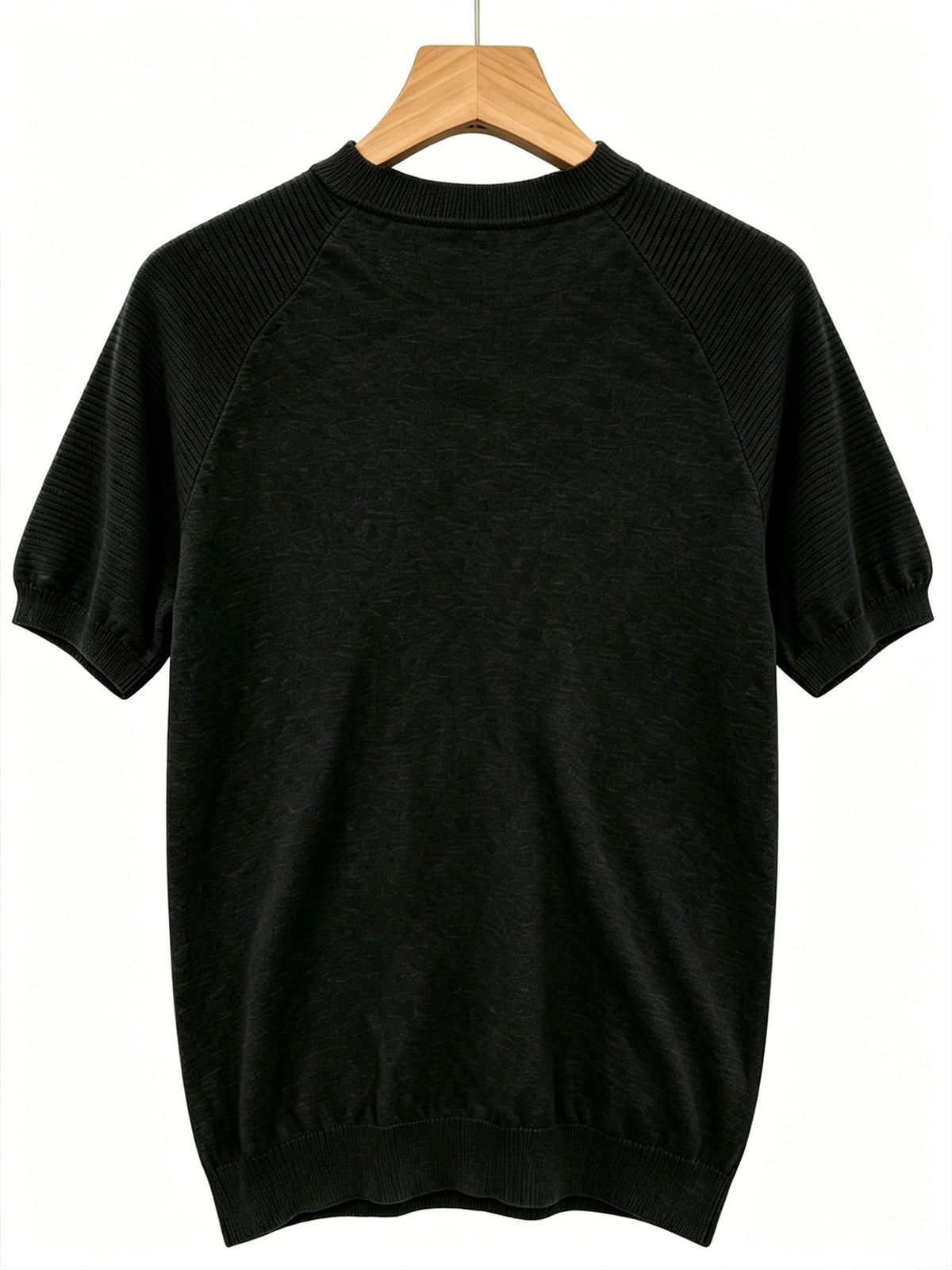 Shoulder-Yoke Round Neck Short Sleeve Knit Sweater Men'S Casual Thin Breathable Slim Fit Half Sleeve Top Daily Basic Print T-Shirt - Black