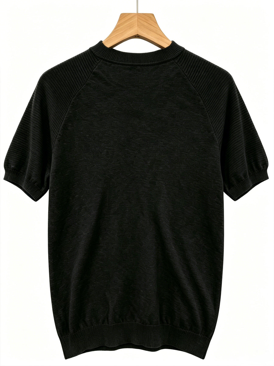 Shoulder-Yoke Round Neck Short Sleeve Knit Sweater Men'S Casual Thin Breathable Slim Fit Half Sleeve Top Daily Basic Print T-Shirt - Black