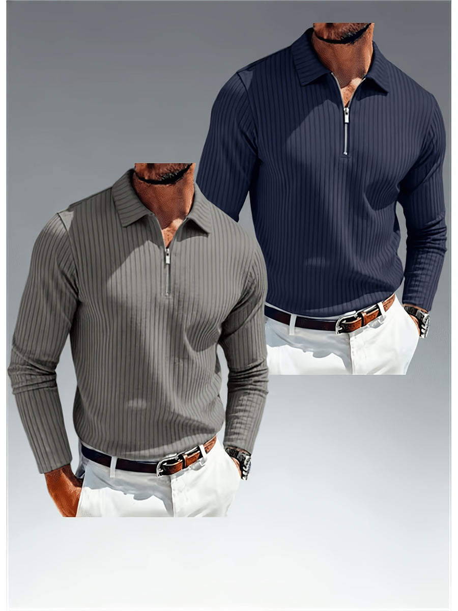 Spring/Autumn Men's Polo Shirt with Zipper and Striped Pattern, Long Sleeve, 2pcs - Gray + Navy Blue