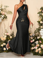 Women'S Fashionable Exquisite Date Holiday Party Evening Gown Women'S Elegant Asymmetric Metal Floral Design Sexy Cutout Tailored Waist-Cinched Bodycon Long-Length Dress Bridesmaid Dress Women'S - Black