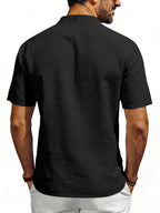 Men's Outdoor Travel Business Simple and Stylish Solid Color V-Neck Half-Open Placket Summer Breathable Comfortable Casual Short-Sleeve Henley Collar T-Shirt - Black